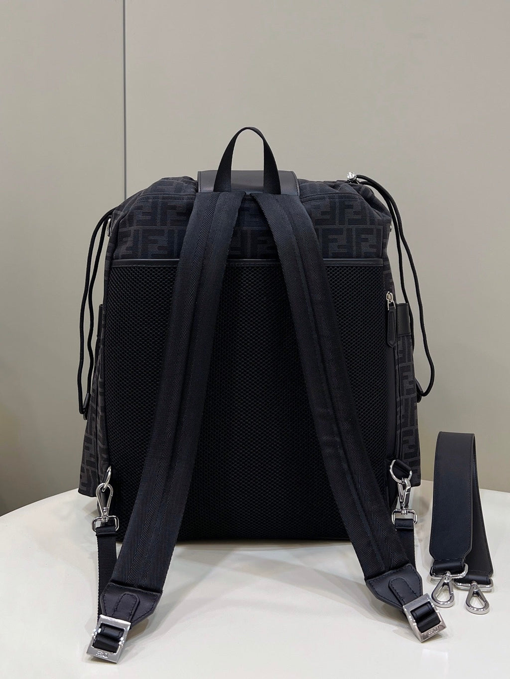 FENDI FENDI STRIKE LARGE 46 FF BLACK JACQUARD FABRIC BACKPACK