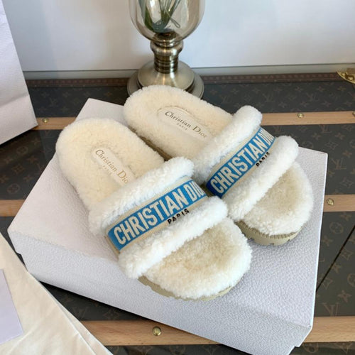 DIOR Dway Slide Blue White Wool Fleece Lining And Canvas Fabric