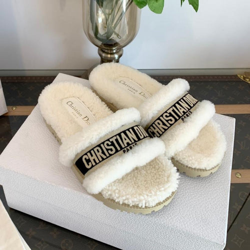 DIOR Dway Slide Black White Wool Fleece Lining And Canvas Fabric