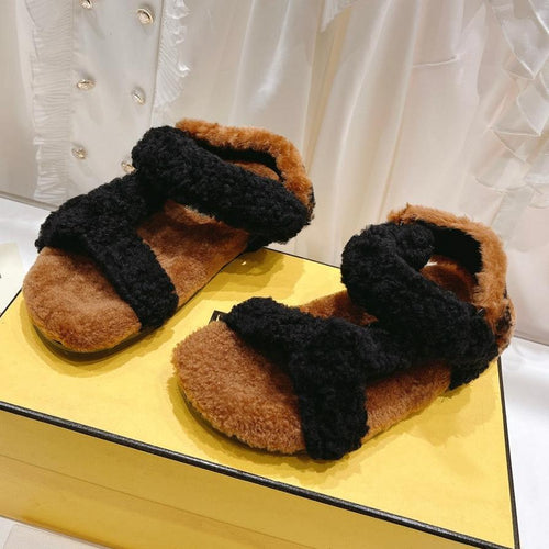 FENDI FENDI DAD SANDAL IN BLACK MIX CINNAMON BROWN FLEECE