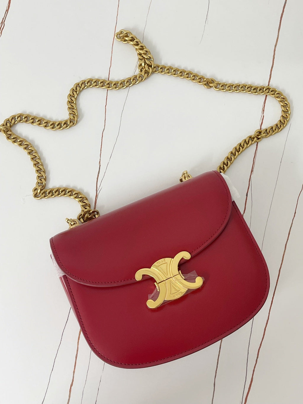 Celine TRIPHOME 19 SADDLE BAG CHERRY RED CALFSKIN