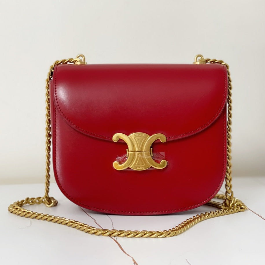 Celine TRIPHOME 19 SADDLE BAG CHERRY RED CALFSKIN