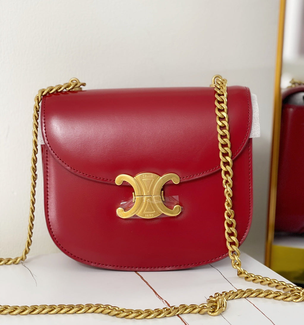 Celine TRIPHOME 19 SADDLE BAG CHERRY RED CALFSKIN