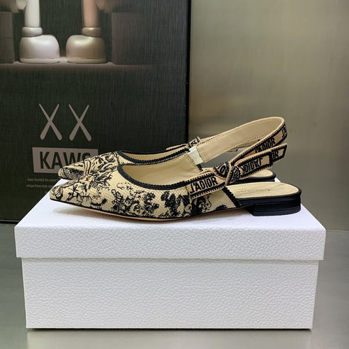 DIOR JA DIOR Slingback Flat Black Embroidered Cotton with Gold-Tone Metallic Thread