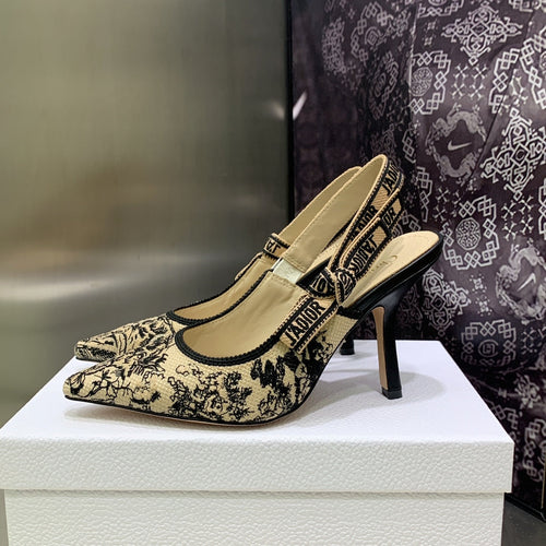 DIOR JA DIOR Slingback Pump 95 Black Embroidered Cotton with Gold-Tone Metallic Thread