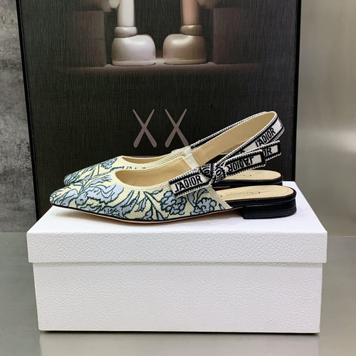 DIOR JA DIOR Slingback Flat Duck Blue Embroidered Cotton with Gold-Tone Metallic Thread