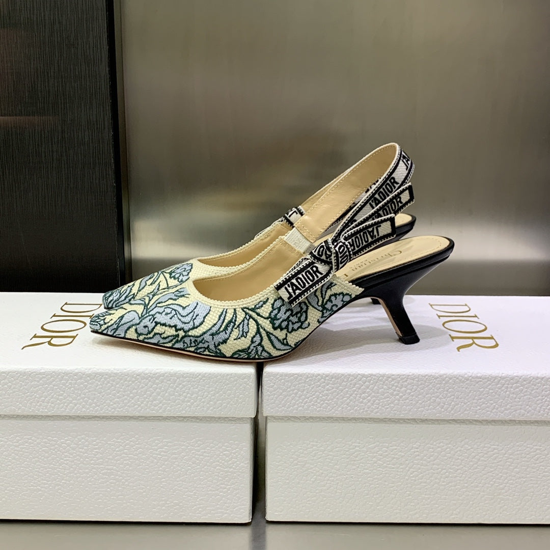 DIOR JA DIOR Slingback Pump 65 Duck Blue Embroidered Cotton with Gold-Tone Metallic Thread