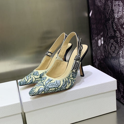 DIOR JA DIOR Slingback Pump 95 Duck Blue Embroidered Cotton with Gold-Tone Metallic Thread