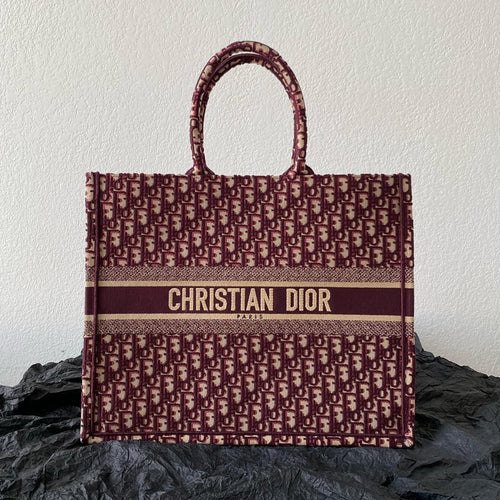 DIOR Large Book Tote 42cm Burgundy Retro Style D Letter Embroidery