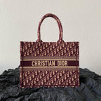 DIOR Medium Book Tote 36cm Burgundy Retro Style D Letter Embroidery