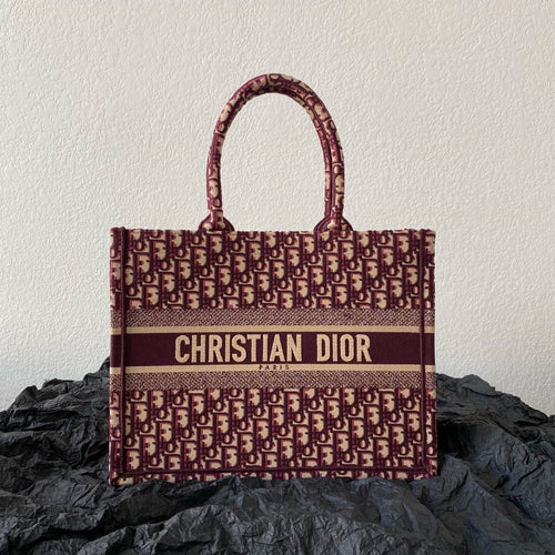 DIOR Medium Book Tote 36cm Burgundy Retro Style D Letter Embroidery
