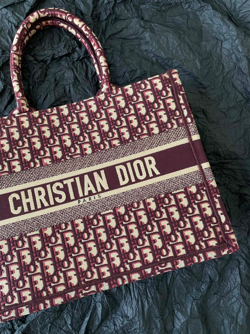 DIOR Medium Book Tote 36cm Burgundy Retro Style D Letter Embroidery