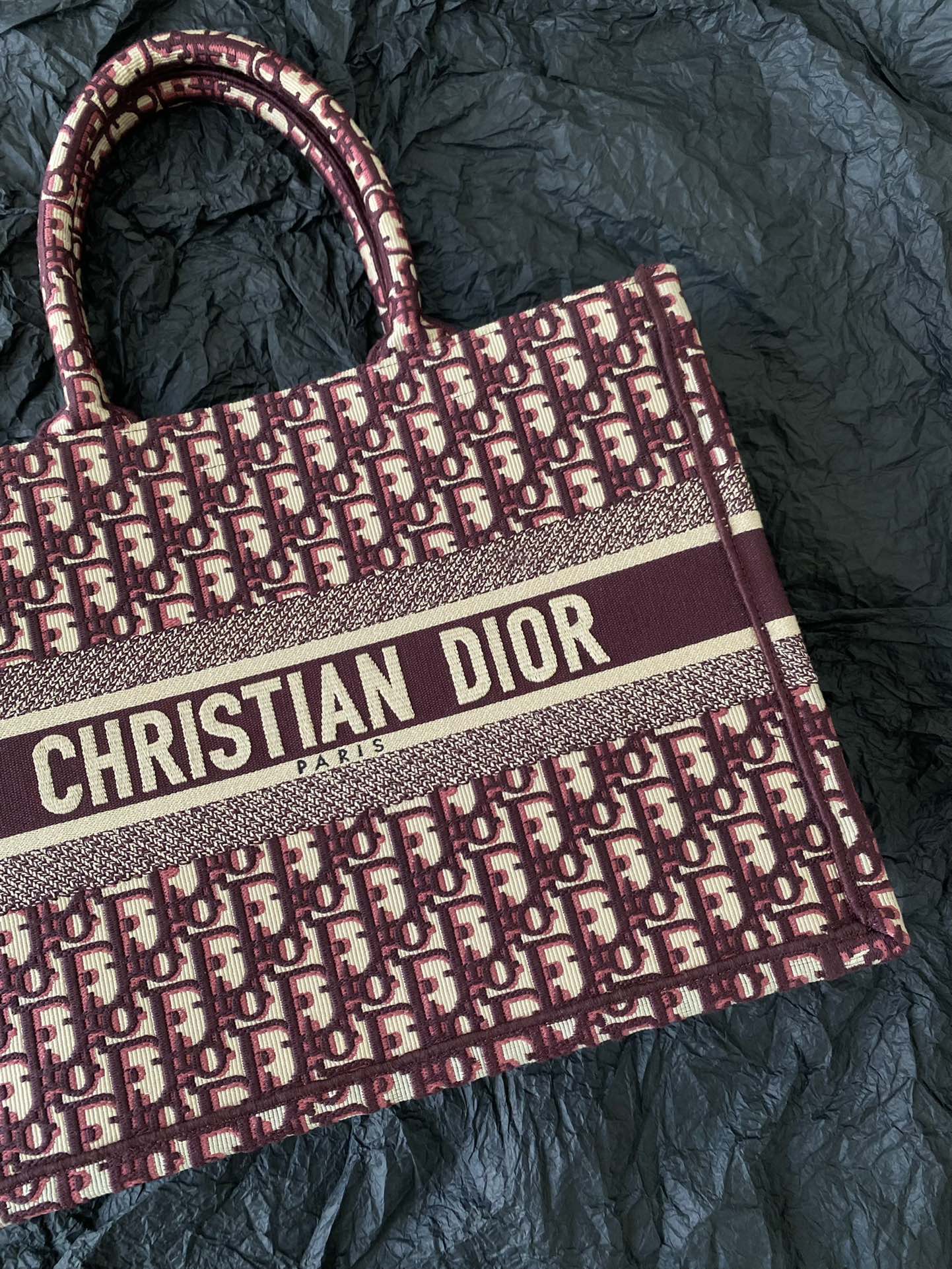 DIOR Medium Book Tote 36cm Burgundy Retro Style D Letter Embroidery