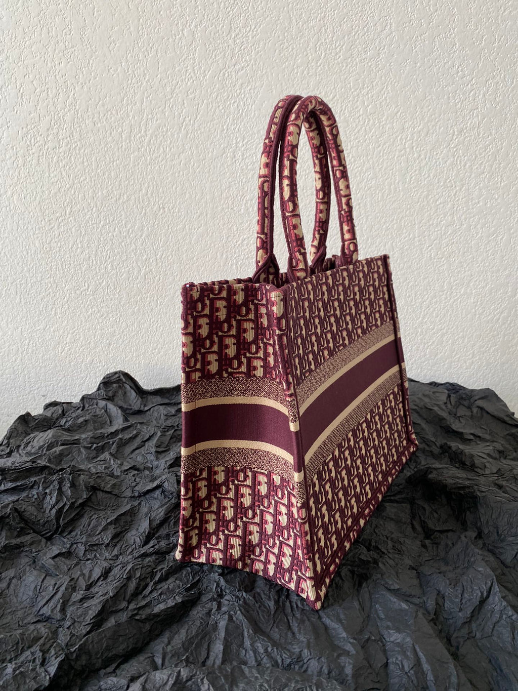 DIOR Medium Book Tote 36cm Burgundy Retro Style D Letter Embroidery