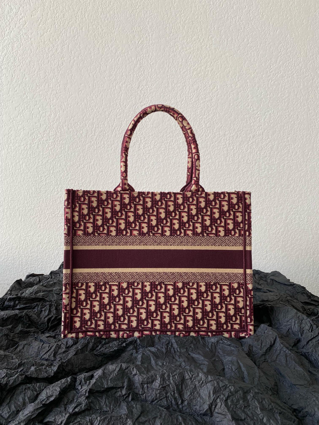 DIOR Medium Book Tote 36cm Burgundy Retro Style D Letter Embroidery