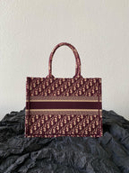 DIOR Medium Book Tote 36cm Burgundy Retro Style D Letter Embroidery