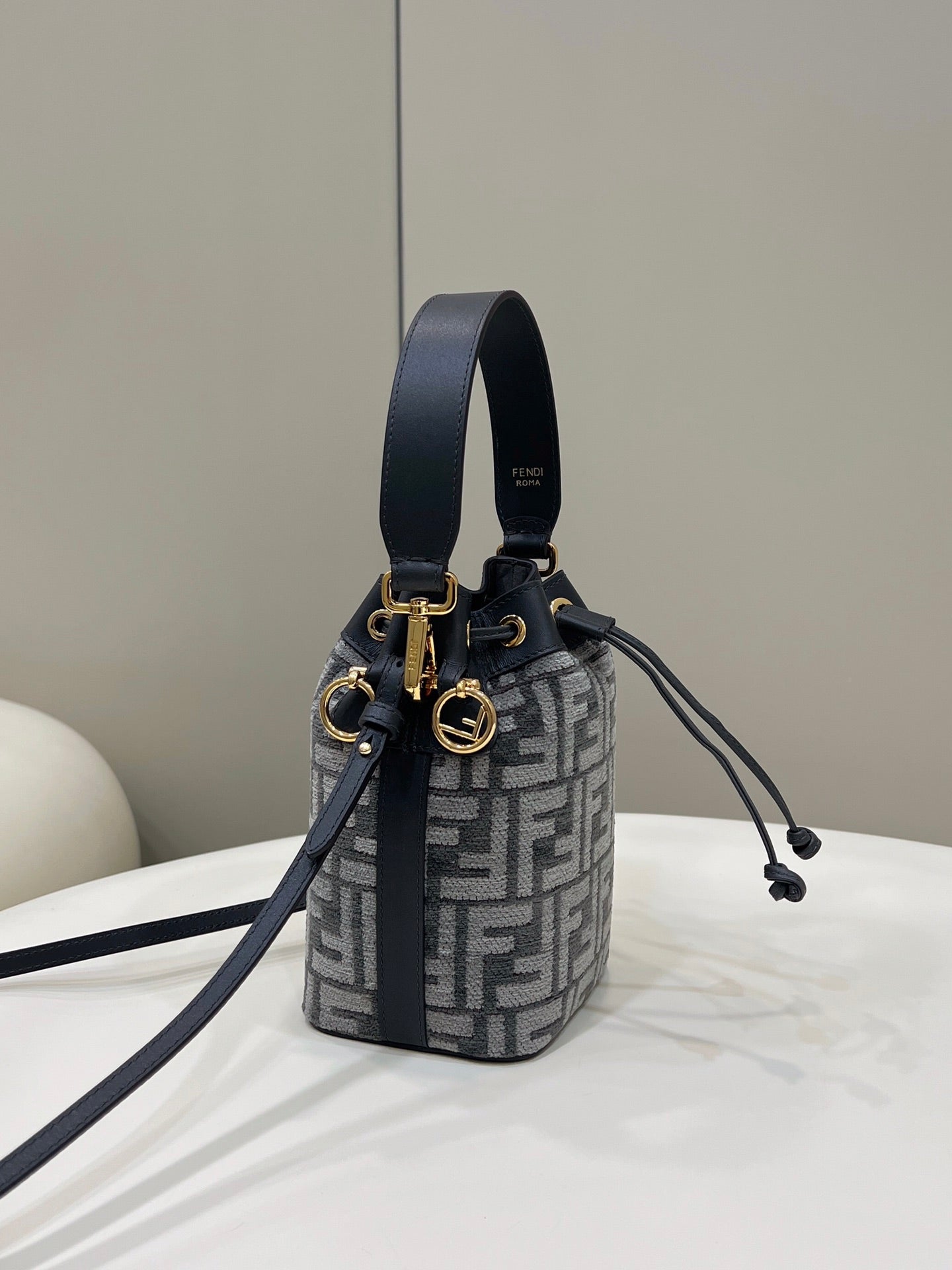 FENDI MON TRESOR MINI 18 BAG IN BLACK MIX GREY FF FABRIC WITH GOLD HARDWARE