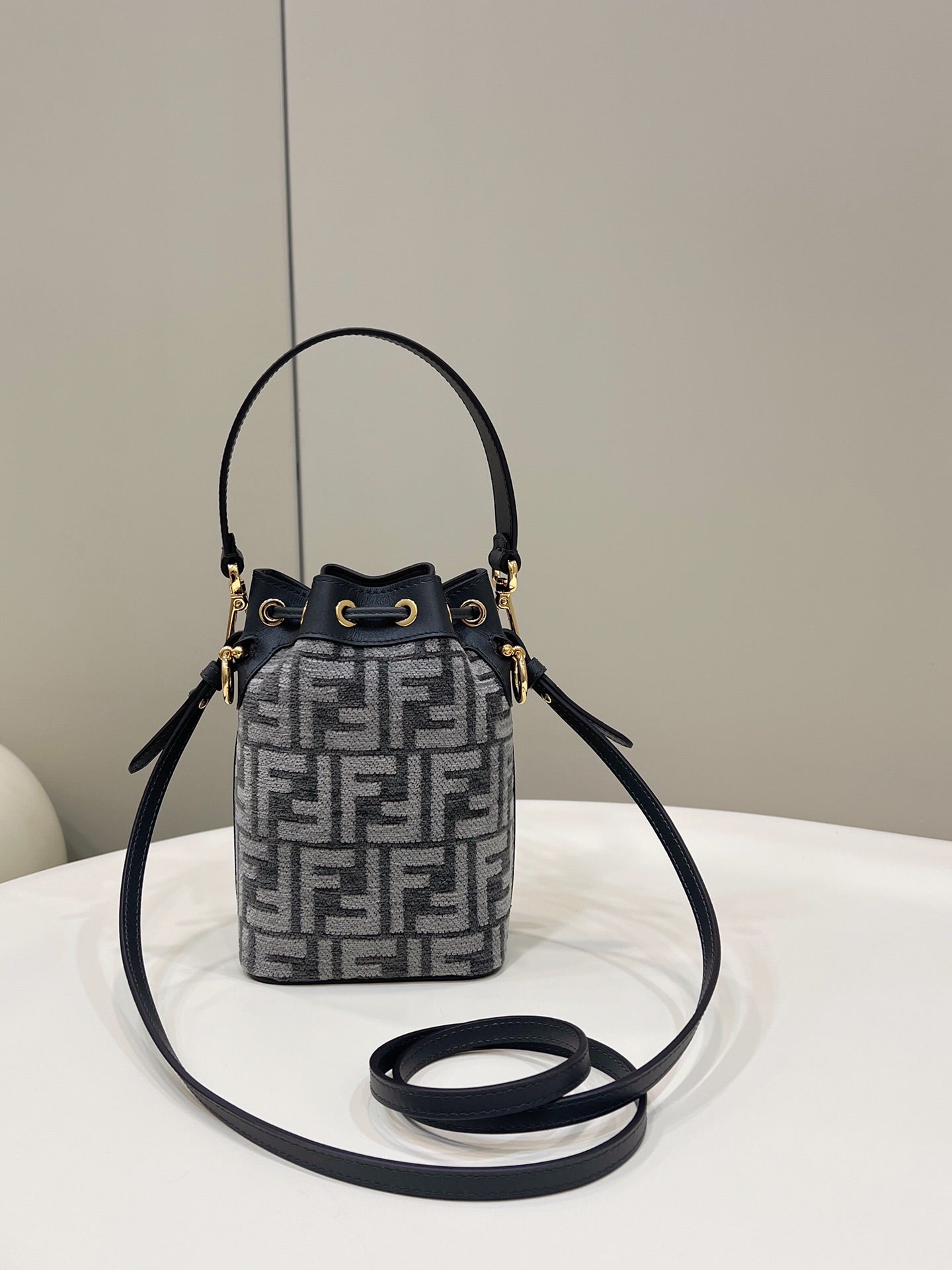 FENDI MON TRESOR MINI 18 BAG IN BLACK MIX GREY FF FABRIC WITH GOLD HARDWARE