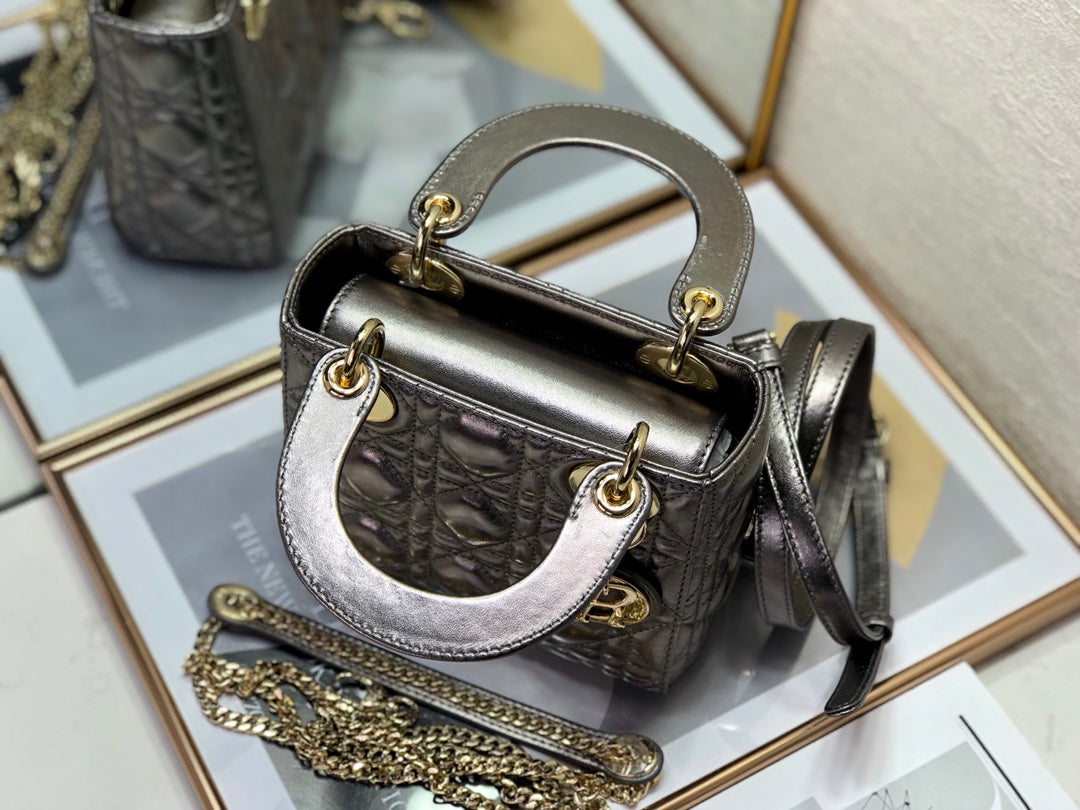 DIOR mini lady 17 dark purple metalic lambskin