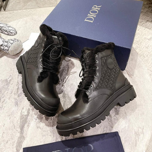 DIOR Explorer Ankle Boot 50mm Black Fleece Lining Oblique Jacquard Fabric And Cowhide