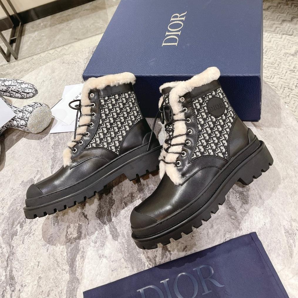 DIOR Explorer Ankle Boot 50mm Black White Fleece Lining Oblique Jacquard Fabric And Cowhide