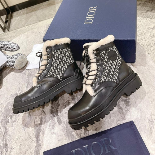 DIOR Explorer Ankle Boot 50mm Black White Fleece Lining Oblique Jacquard Fabric And Cowhide