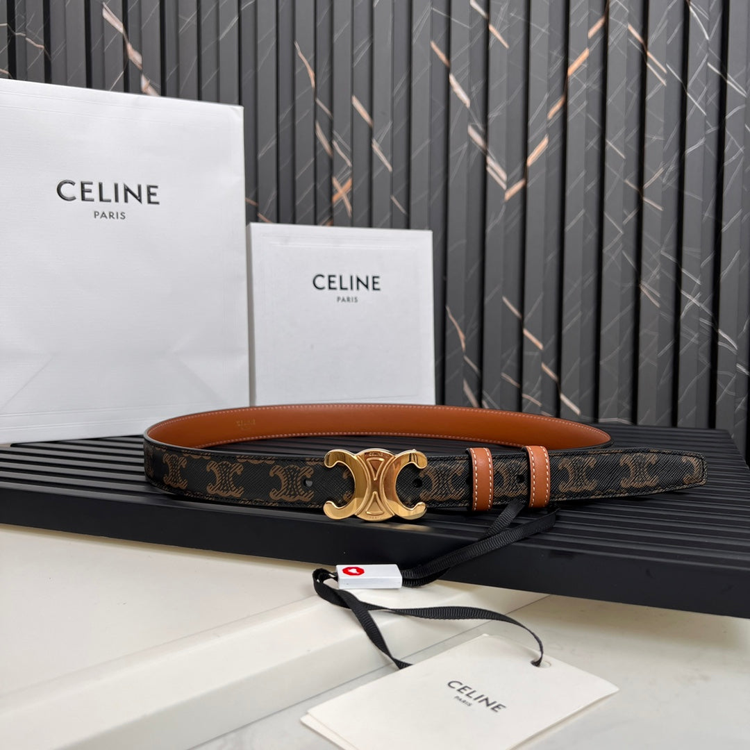 Celine CL TRIOMPHE 25 MM BELT IN MONOGRAM BROWN CALFSKIN GOLD HARDWARE