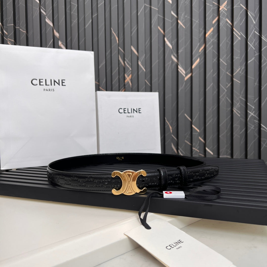 Celine CL TRIOMPHE 25 MM BELT IN BLACK CALFSKIN GOLD HARDWARE