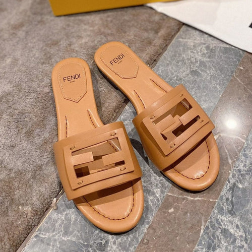 FENDI FENDI BAGUETTE SLIDES IN  COPPER BROWN LAMBSKIN