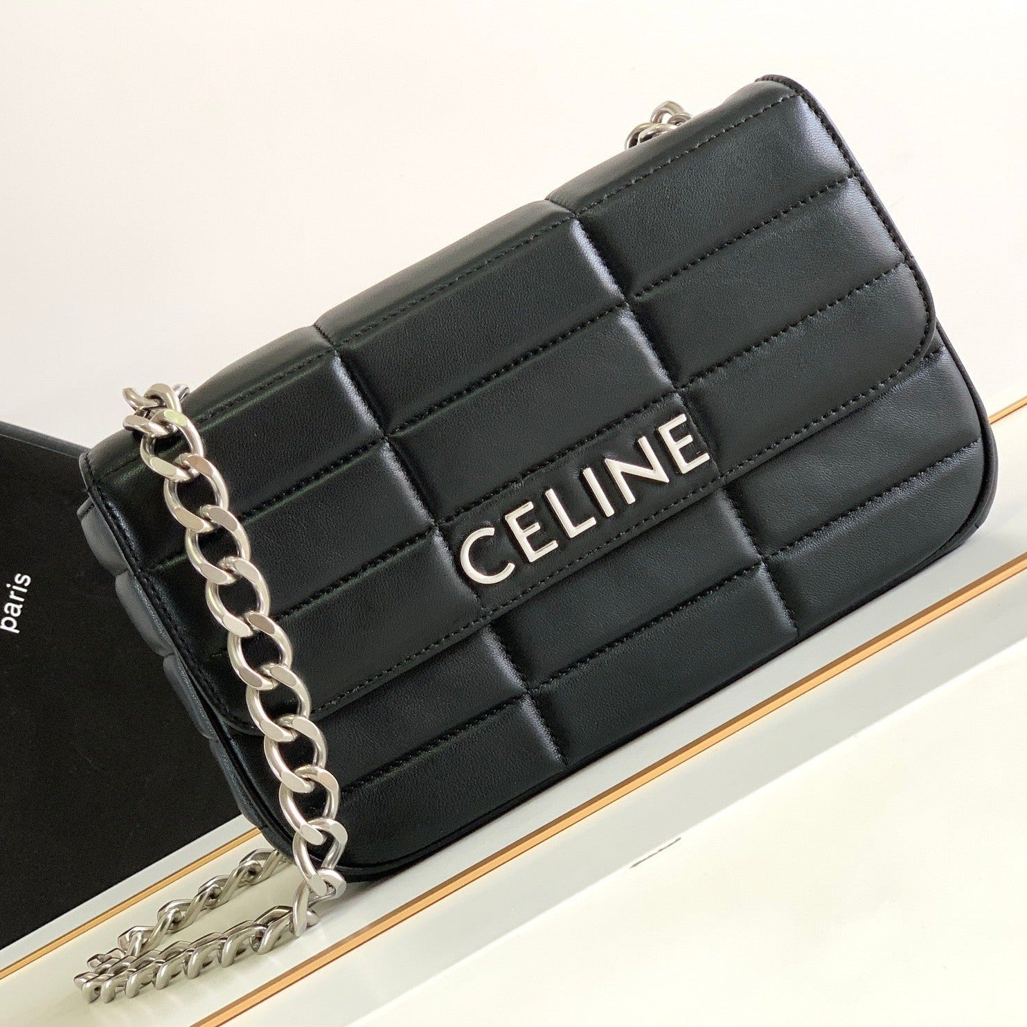Celine MONOCHROME 24 QUILTED BLACK LAMBSKIN CHAIN SHOUDER BAG