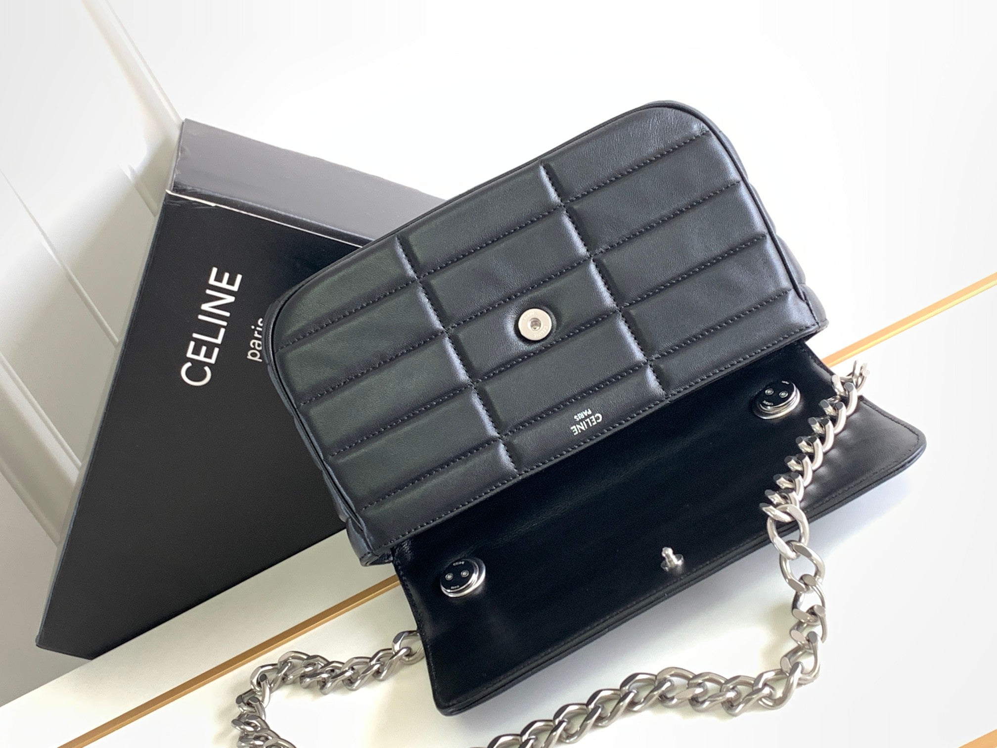 Celine MONOCHROME 24 QUILTED BLACK LAMBSKIN CHAIN SHOUDER BAG