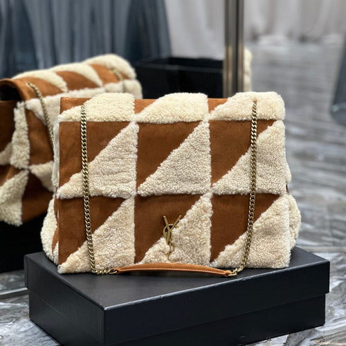 Saint Laurent JAMIE 4.3 LARGE BAG 38 IN BROWN SUEDE MIX BEIGE SHEARLING GOLD HARDWARE