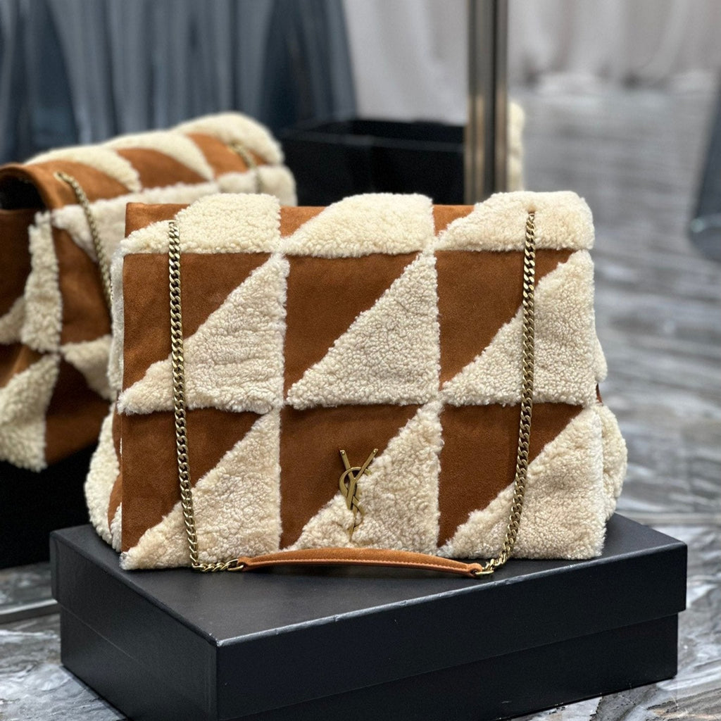 Saint Laurent JAMIE 4.3 LARGE BAG 38 IN BROWN SUEDE MIX BEIGE SHEARLING GOLD HARDWARE