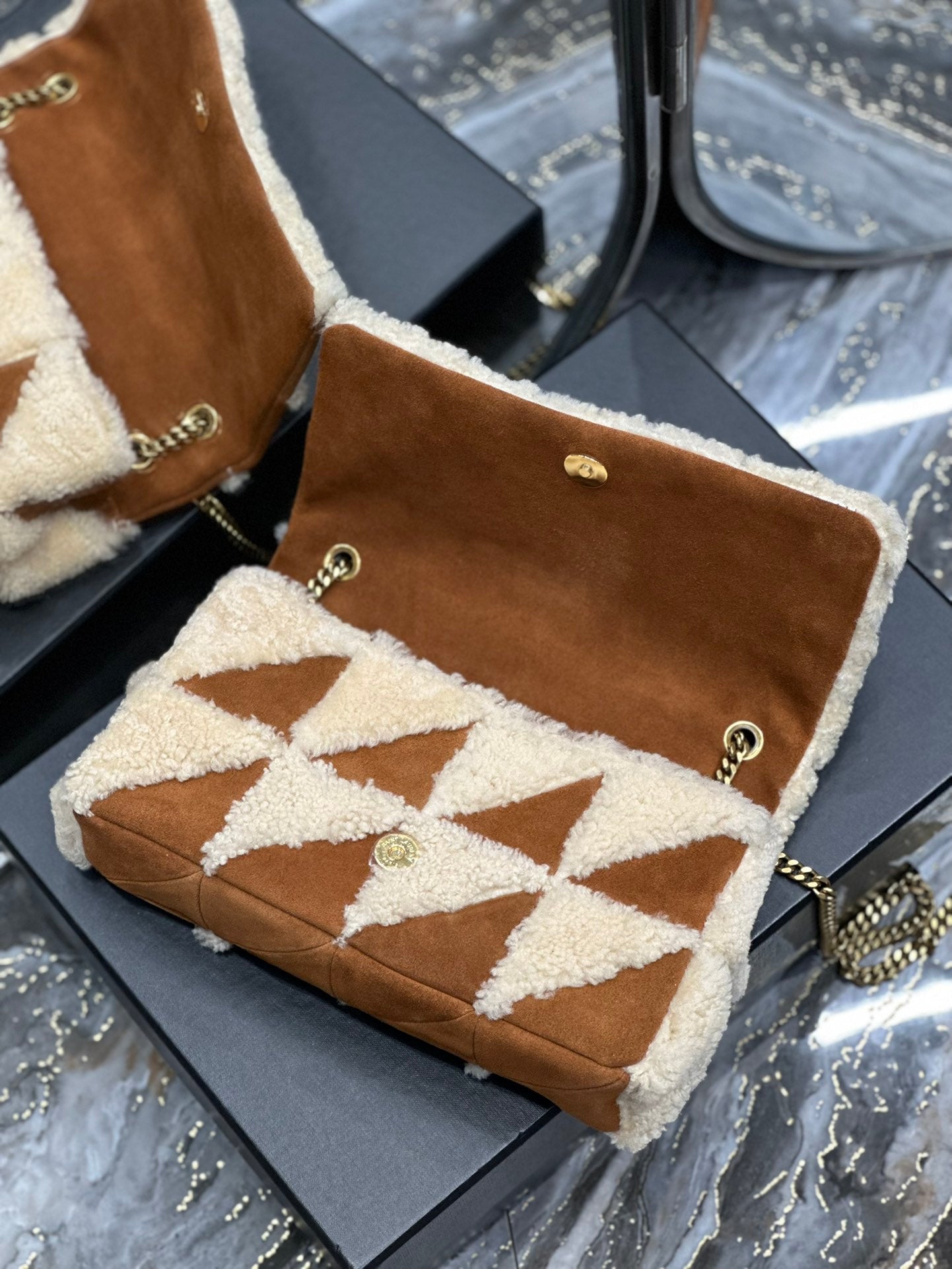 Saint Laurent JAMIE BAG 25 IN BROWN SUEDE MIX BEIGE SHEARLING GOLD HARDWARE