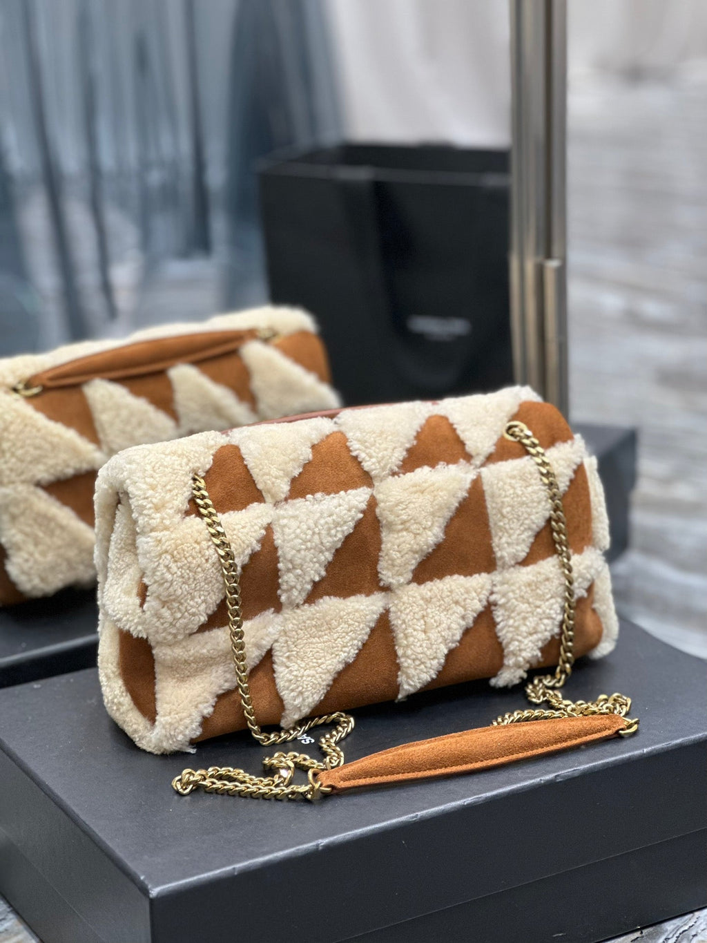 Saint Laurent JAMIE BAG 25 IN BROWN SUEDE MIX BEIGE SHEARLING GOLD HARDWARE