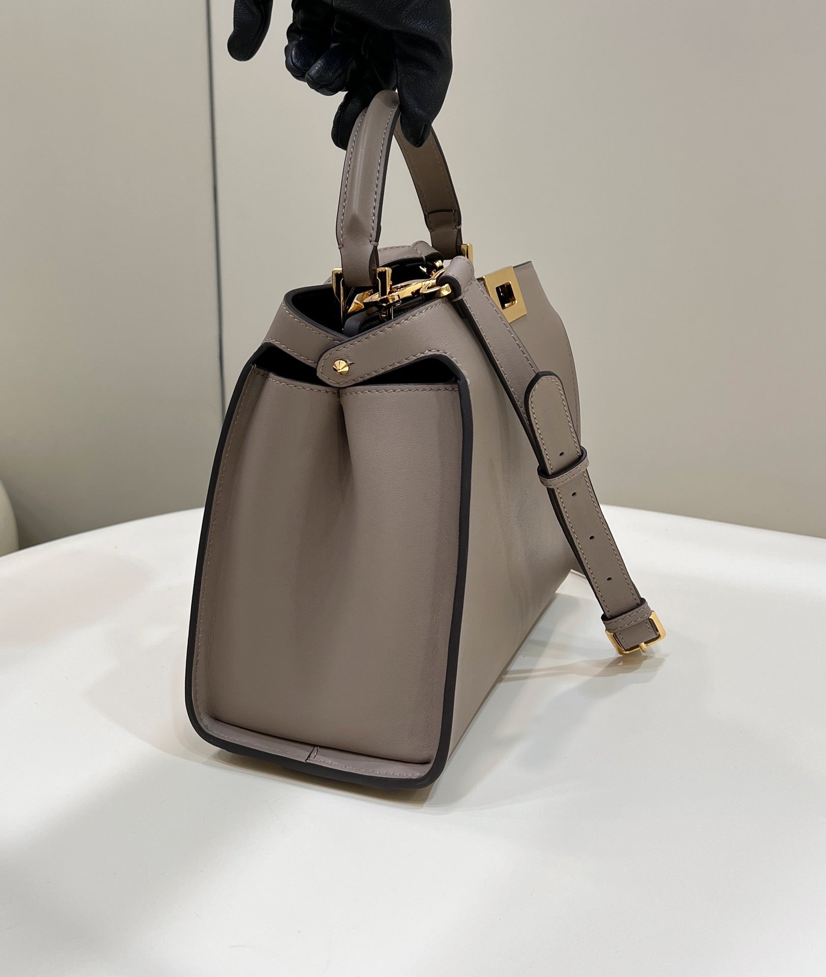 FENDI FENDI PEEKABOO 27 IN CAMEL BROWN CALFSKIN WITH GOLD HARDWARE