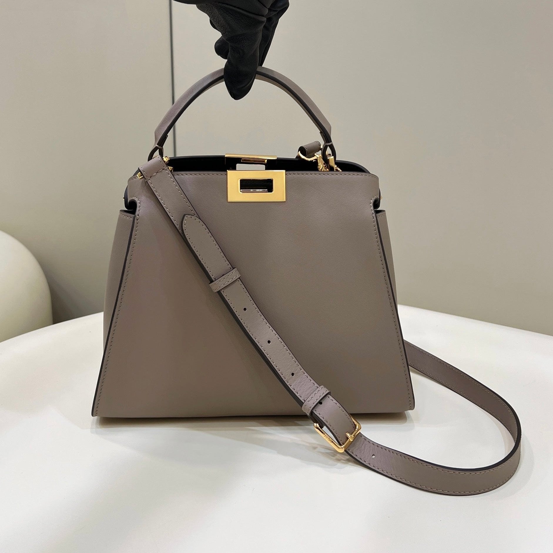 FENDI FENDI PEEKABOO 27 IN CAMEL BROWN CALFSKIN WITH GOLD HARDWARE