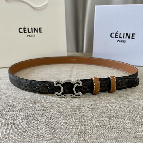 Celine CL logo Cut-out Belt 25mm Black Tan Triomphe Canvas Shw