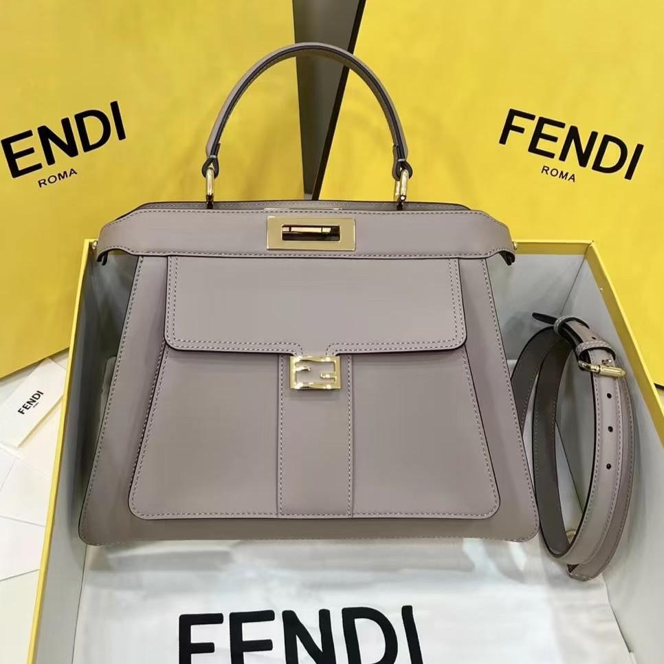FENDI FENDI PEEKABOO 33 BAG IN KHAKI CALFSKIN WITH STRAP GOLD HARDWARE