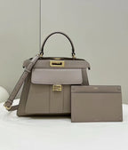 FENDI FENDI PEEKABOO 33 BAG IN KHAKI CALFSKIN WITH STRAP GOLD HARDWARE