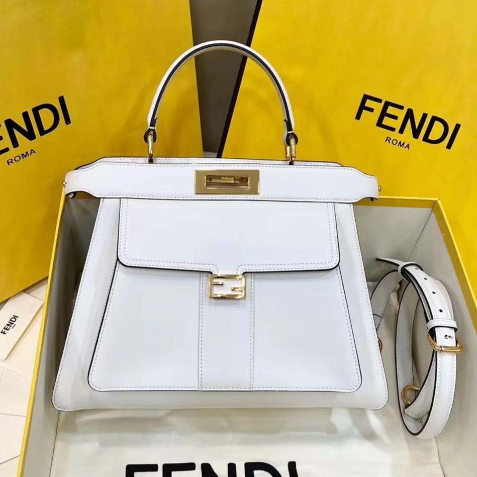 FENDI FENDI PEEKABOO 33 BAG IN WHITE CALFSKIN WITH STRAP GOLD HARDWARE
