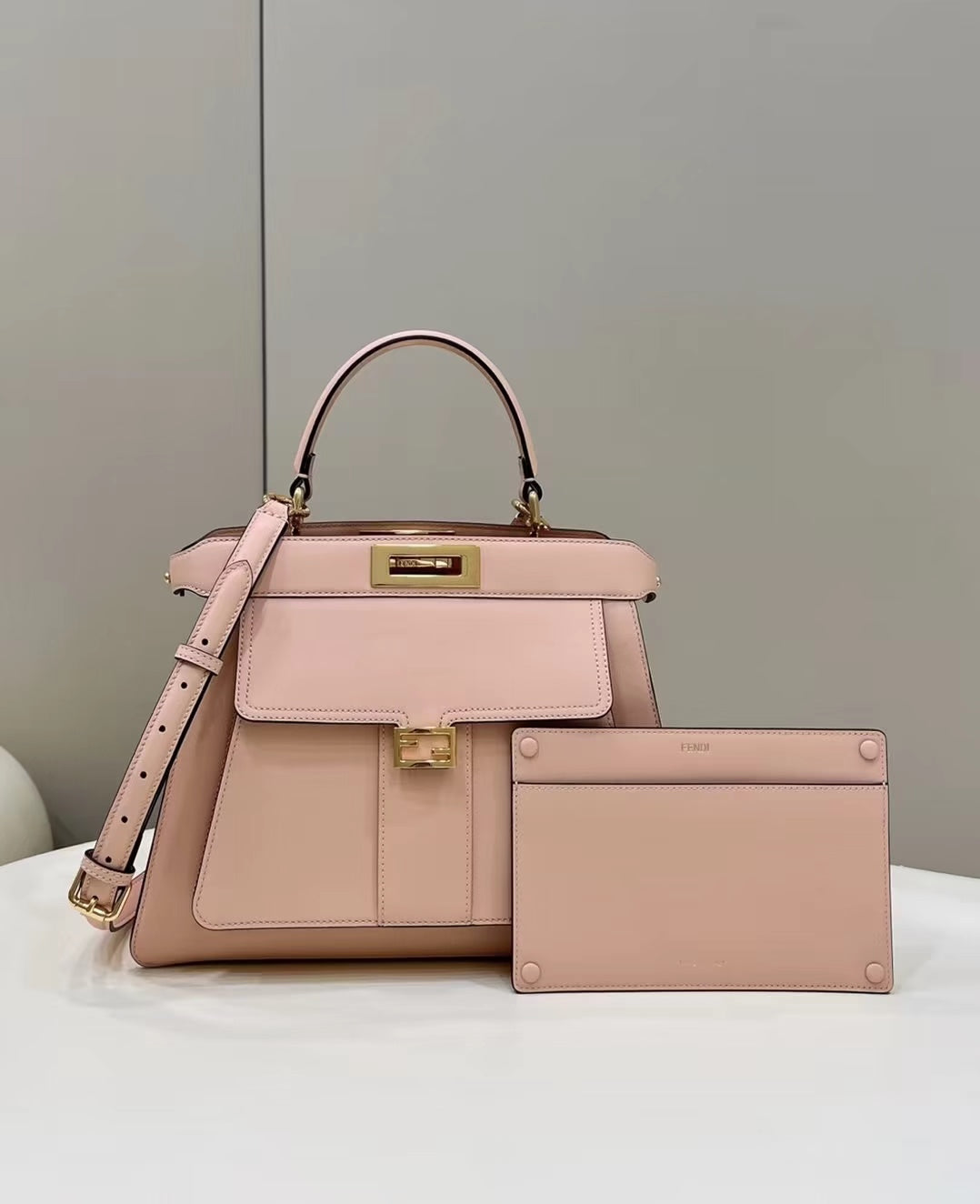 FENDI FENDI PEEKABOO 33 BAG IN LIGHT PINK CALFSKIN WITH STRAP GOLD HARDWARE