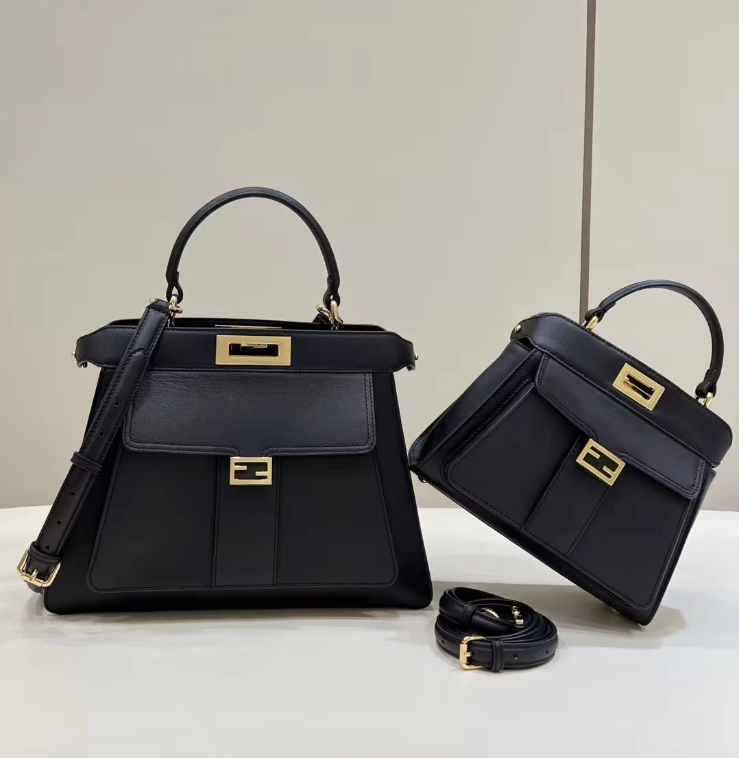 FENDI FENDI PEEKABOO 33 BAG IN BLACK CALFSKIN WITH STRAP GOLD HARDWARE