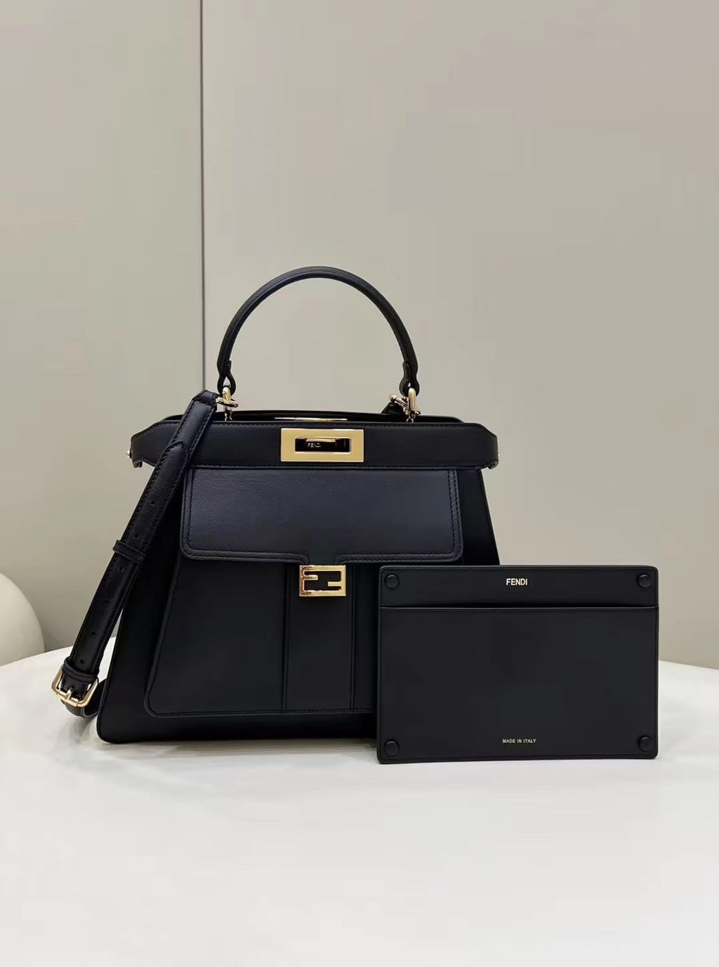 FENDI FENDI PEEKABOO 33 BAG IN BLACK CALFSKIN WITH STRAP GOLD HARDWARE