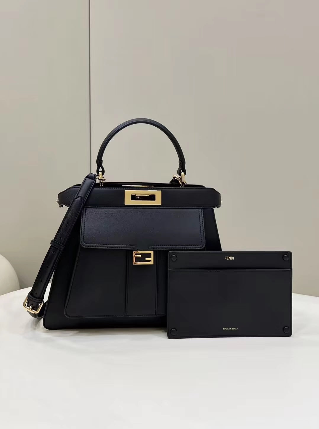 FENDI FENDI PEEKABOO 33 BAG IN BLACK CALFSKIN WITH STRAP GOLD HARDWARE