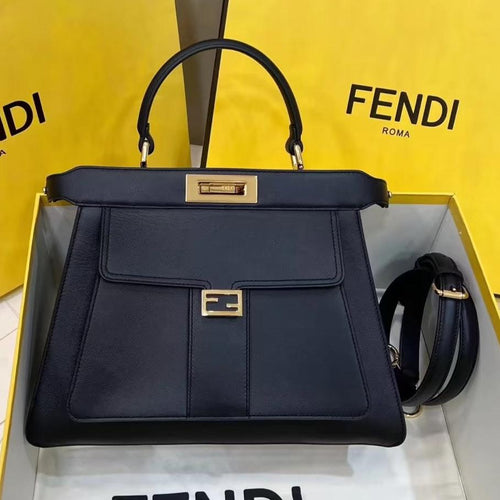 FENDI FENDI PEEKABOO 33 BAG IN BLACK CALFSKIN WITH STRAP GOLD HARDWARE