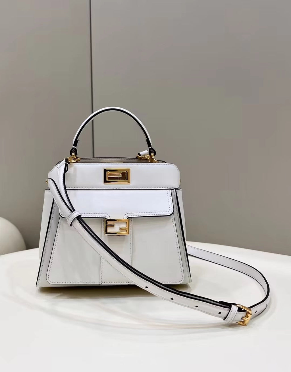 FENDI FENDI PEEKABOO MINI 23 BAG IN WHITE CALFSKIN WITH GOLD HARDWARE