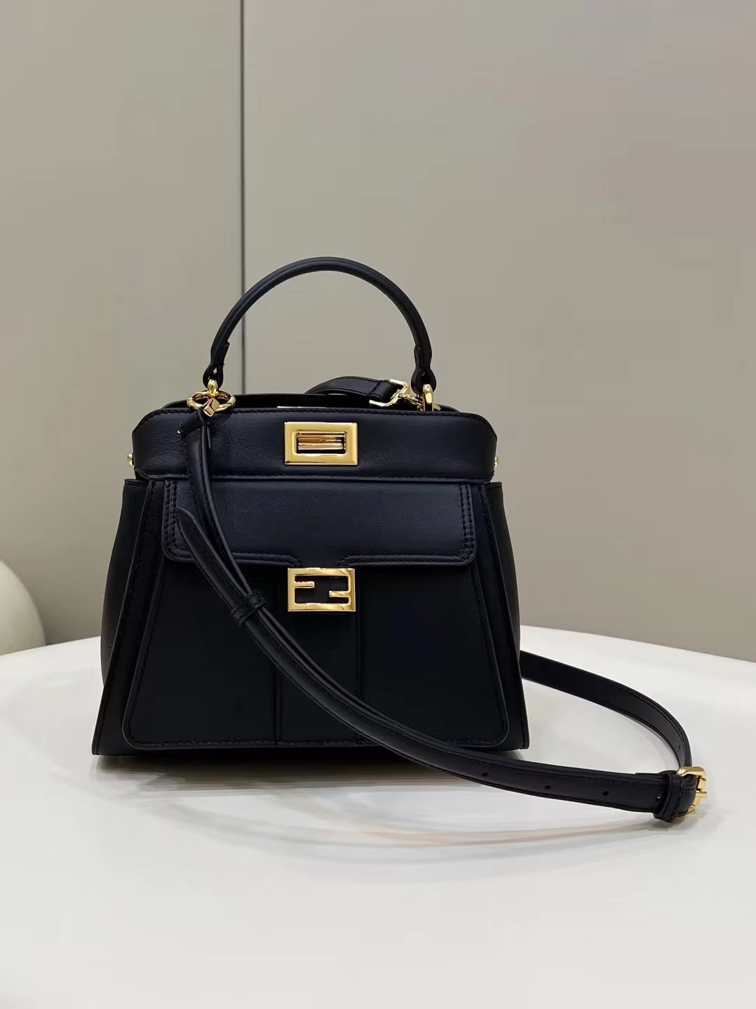 FENDI FENDI PEEKABOO MINI 23 BAG IN BLACK CALFSKIN WITH GOLD HARDWARE