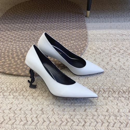 Saint Laurent OPYUM BLACK HEEL PUMPS IN WHITE SMOOTH LAMBSKIN