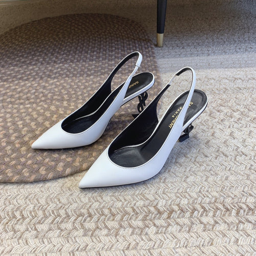 Saint Laurent OPYUM BLACK HEEL SLINGBACK PUMPS IN WHITE SMOOTH LAMBSKIN